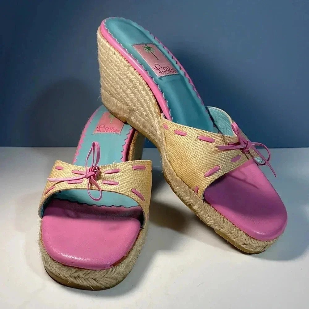 Lilly Pulitzer Pink & Blue Jute Wedge Espadrilles Size 10